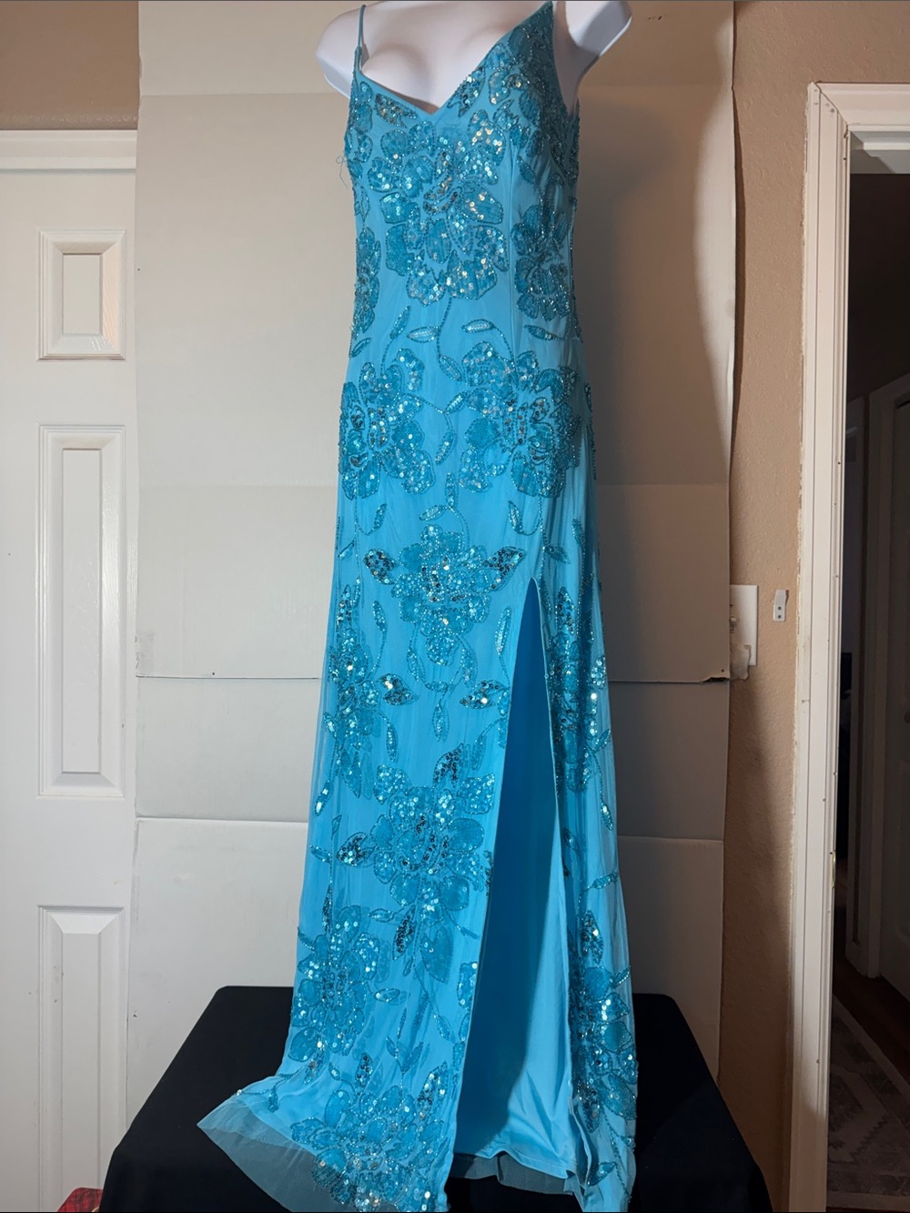 Jump Turquoise Beaded Spaghetti Strap Prom Gown